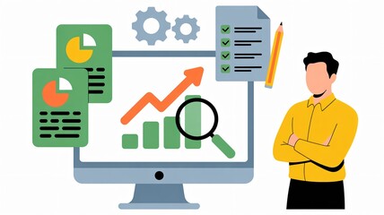 Professional business analyst reviewing financial data and charts, assessing market trends for strategic planning and growth