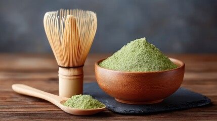 Close-up photo of vibrant green matcha powder in a rustic brown bowl with a bamboo whisk and wooden spoon on a textured wooden surface soft lighting creates an inviting atmosphere for tea preparation