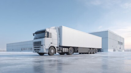 Refrigerated Truck Parked in Cold Logistics Center with Modern Architecture and Clear Sky Reflecting Fresh Air and Efficient Transport Solutions