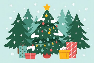 Fototapeta premium A decorated Christmas tree stands in a snowy forest with gifts scattered around its base.