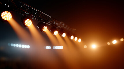 A defocused shot of stage lights turning off one by one, fading into a warm glow, capturing the silence after celebration, with copy space.