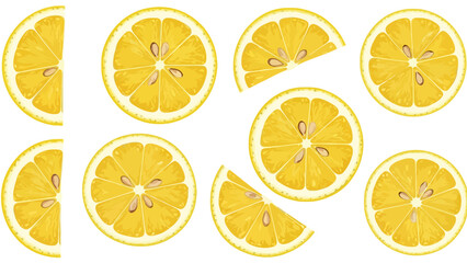 A vibrant collection of sliced lemons on a white background
