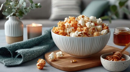 Close up Studio Food Photo of Golden Caramel Popcorn in a White Textured Bowl with Honey and Eucalyptus Leaves in Soft Natural Light