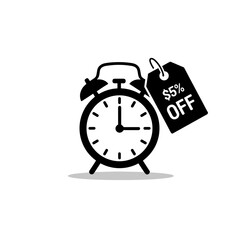 Alarm clock illustration with discount tag representing flash sale timer  
