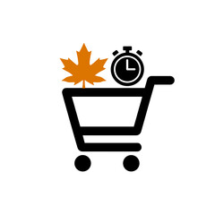 Shopping cart with autumn leaf and flash sale timer icon  