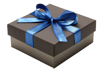 Obraz premium Gift box, brown lid, blue satin bow, festive package