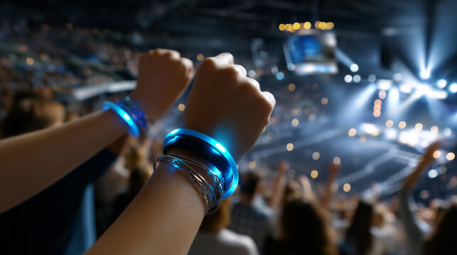 Faceless fans leaving the arena slowly, holding glowing wristbands and smiling, soft motion blur for emotional depth, with copy space. - Powered by Adobe