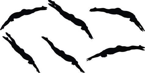 Diving silhouette, athlete motion, sports action, human figure, black shape, dynamic pose, rotation, movement, flexibility, performance, underwater, streamlined, body control, artistic dive, 