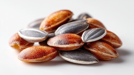 Close-up Studio Product Photo of a Pile of Roasted Sunflower Seeds with Black and White Striped Shells and Golden Brown Edges on a Clean White Background