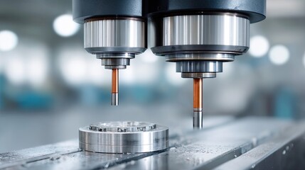 Close Up Studio Shot of Precision Robotic Manufacturing Equipment Machining Metal Component With Detailed Industrial Setting Background and Subtle Lighting