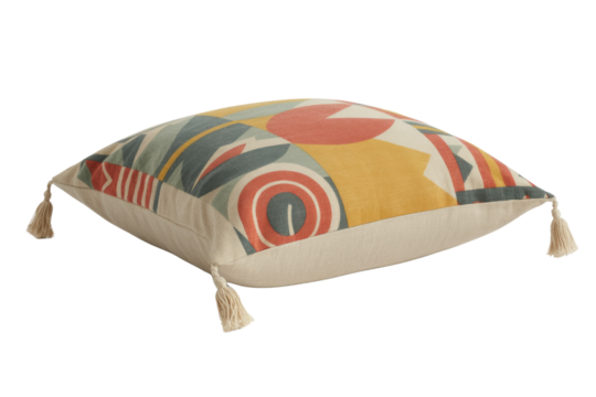 Vibrant abstract throw pillow with geometric and organic patterns in red, yellow, and blue-grey, featuring decorative corner tassels. background removed - Powered by Adobe