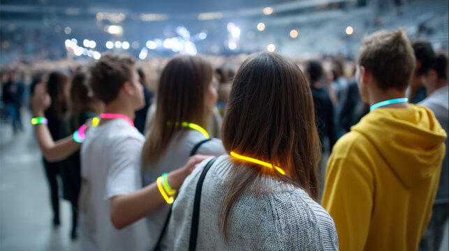 Faceless fans leaving the arena slowly, holding glowing wristbands and smiling, soft motion blur for emotional depth, with copy space.