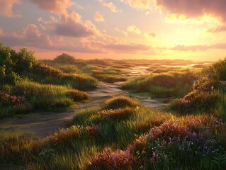 Holographic sunset meadow with gradient foliage and glowing riverbed