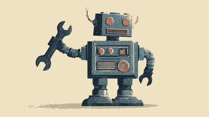Fototapeta premium Charming Retro Robot Holding Wrench - Vintage Style AI, Automation, Machine Repair & Future Technology Illustration