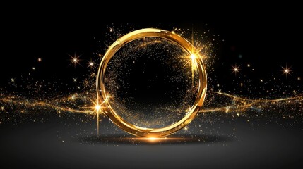 Glowing Golden Ring with Sparkles and Stars on Dark Background