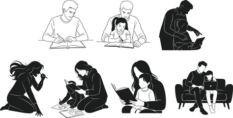 Parenting education, child learning, reading time, homework help, digital teaching, adult guidance, family bonding, study support, creative activity, literacy, tutoring, home learning,