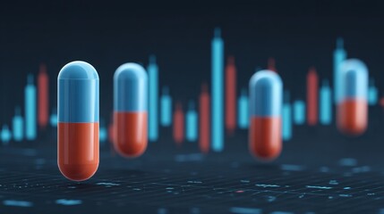 Colorful Capsules Against a Background of Financial Analytics and Data Visualization Concepts with a Modern Glowing Effect