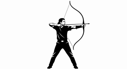 Archery Athlete Aiming with Traditional Bow. Full Body Stance and Precise Focus on Target. Sports Training, Discipline, and Concentration Concept. Vector Digital Illustration
