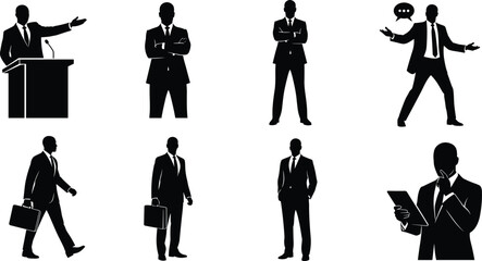 Businessman silhouette, corporate posture, leadership concept, digital device, public speaking, briefcase, authority figure, communication skills, business travel, professional behavior
