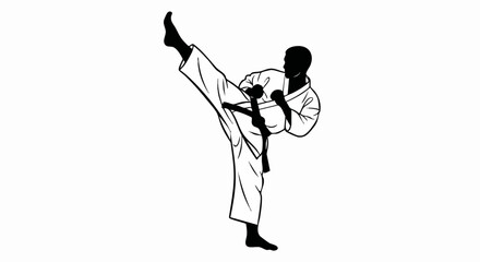 Karate High Kick Pose. Martial Artist with Gi and Black Belt Performing Powerful Technique. Sports Training and Self-Defense Discipline Concept. Vector Digital Illustration
