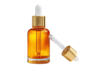 Amber oil bottle with glass dropper on dark backdrop