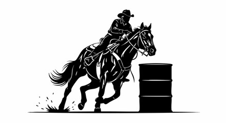 Barrel Racing Horse and Rider. Cowboy/Cowgirl Making a Sharp Turn Around the Drum with Dynamic Motion. Western Rodeo Sports Action on White Background. Equestrian Speed and Control Concept. Vector Dig