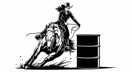 Barrel Racing Horse and Rider. Cowboy/Cowgirl Making a Sharp Turn Around the Drum with Dynamic Motion. Western Rodeo Sports Action on White Background. Equestrian Speed and Control Concept. Vector Dig