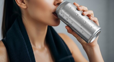 Woman drinking a refreshing cold beverage from a silver can after a workout.