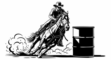 Barrel Racing Horse and Rider. Cowboy/Cowgirl Making a Sharp Turn Around the Drum with Dynamic Motion. Western Rodeo Sports Action on White Background. Equestrian Speed and Control Concept. Vector Dig