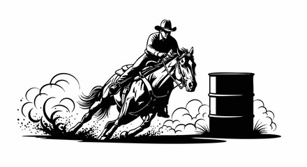 Barrel Racing Horse and Rider. Cowboy/Cowgirl Making a Sharp Turn Around the Drum with Dynamic Motion. Western Rodeo Sports Action on White Background. Equestrian Speed and Control Concept. Vector Dig
