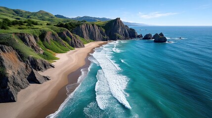 Coastal Bluff Overlooking Azure Ocean Waves Under a Clear Blue Sky on a Sunny Day