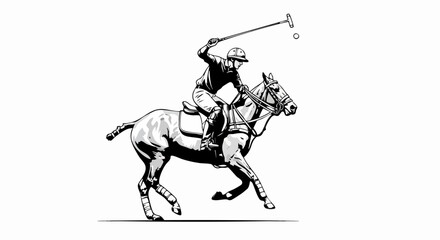 Polo Player Striking the Ball. Athlete Riding a Galloping Horse with Raised Mallet. Equestrian Team Sport Action and Speed Concept. Vector Digital Illustration