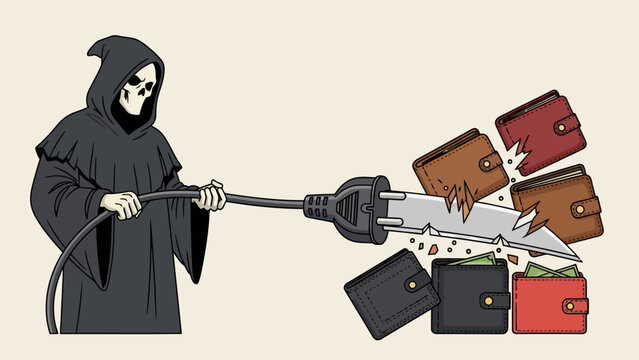 Grim Reaper holds electrical cord with a knifeplug slashing wallets