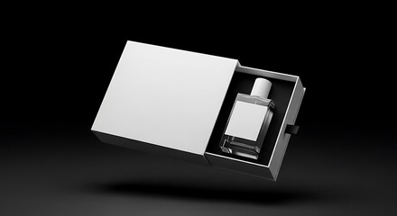 Minimalist white gift box with a clear glass perfume bottle inside, presented against a dark background.
