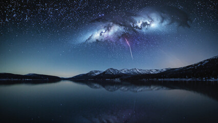 Starry Galaxy Sky Above Alpine Lake with Mountain Reflection