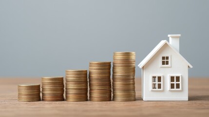 Stacks of Coins Aligned Beside a Paper House Model on a Wooden Surface, Symbolizing Saving and Investment Concepts