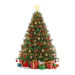 Naklejka premium Beautifully decorated christmas tree with presents underneath on a black background