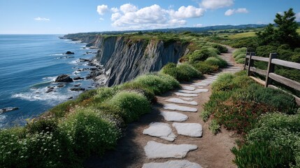 Coastal Cliffside Path Overlooking Sparkling Blue Ocean Under a Bright Sunny Sky with Fluffy Clouds