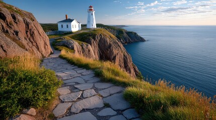 Coastal Lighthouse Perched on Rugged Cliffside Overlooking Blue Ocean Under a Clear Sky During Daytime Golden Hour Scenic View