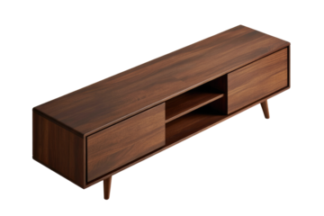 A stylish dark brown wooden media console with mid-century modern design, featuring two drawers and open shelving, on tapered legs. background removed