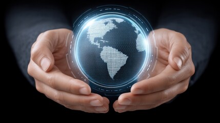 Glowing Protective Sphere in Hands Representing Global Security and Technology with Rotating Elements in a Dark Background