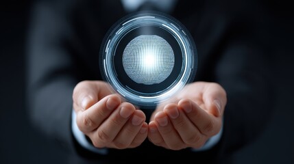 Secure Sphere of Light Rotating in Hands Symbolizing Protection and Innovation in Technology and Security Solutions