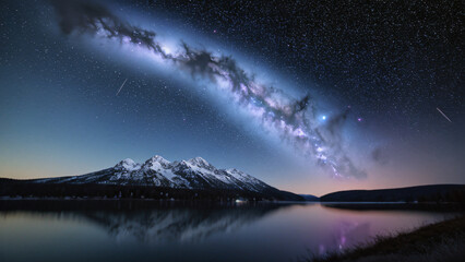 Starry Galaxy Sky Above Alpine Lake with Mountain Reflection