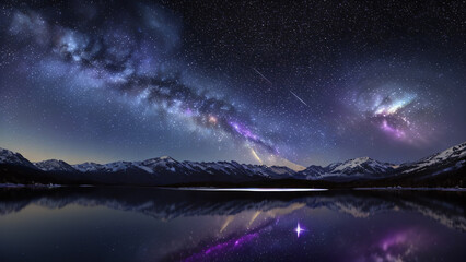 Milky Way Over Snowy Mountains and Mirror-Lake at Night