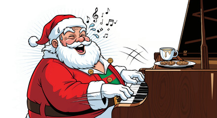 Jolly Santa Claus enthusiastically plays the grand piano, joyfully singing carols with musical notes floating around, creating a warm festive atmosphere during the holiday season
