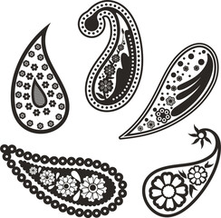 Vector oriental henna paisley ornamental set. Floral traditional ethnic folk motifs in Eastern, Arabic, Indian style for wallpaper, background, decor, textile, damask, blanket, clothing designs.