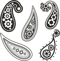 Vector oriental henna paisley ornamental set. Floral traditional ethnic folk motifs in Eastern, Arabic, Indian style for wallpaper, background, decor, textile, damask, blanket, clothing designs.