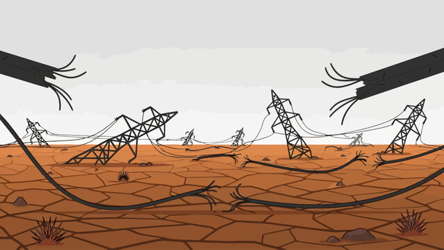 Ruined power lines lie fallen on cracked arid ground under a pale sky