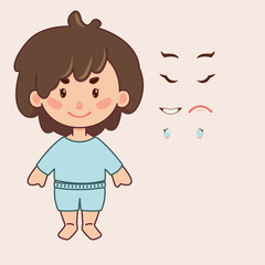 A friendly vector character designed for children's projects, featuring easily interchangeable facial expressions. This versatile mascot is cleanly isolated on white, perfect for apps or kids' games.