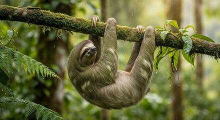 Fototapeta premium Three toed sloth hangs upside down on a mossy tree branch in a lush rainforest